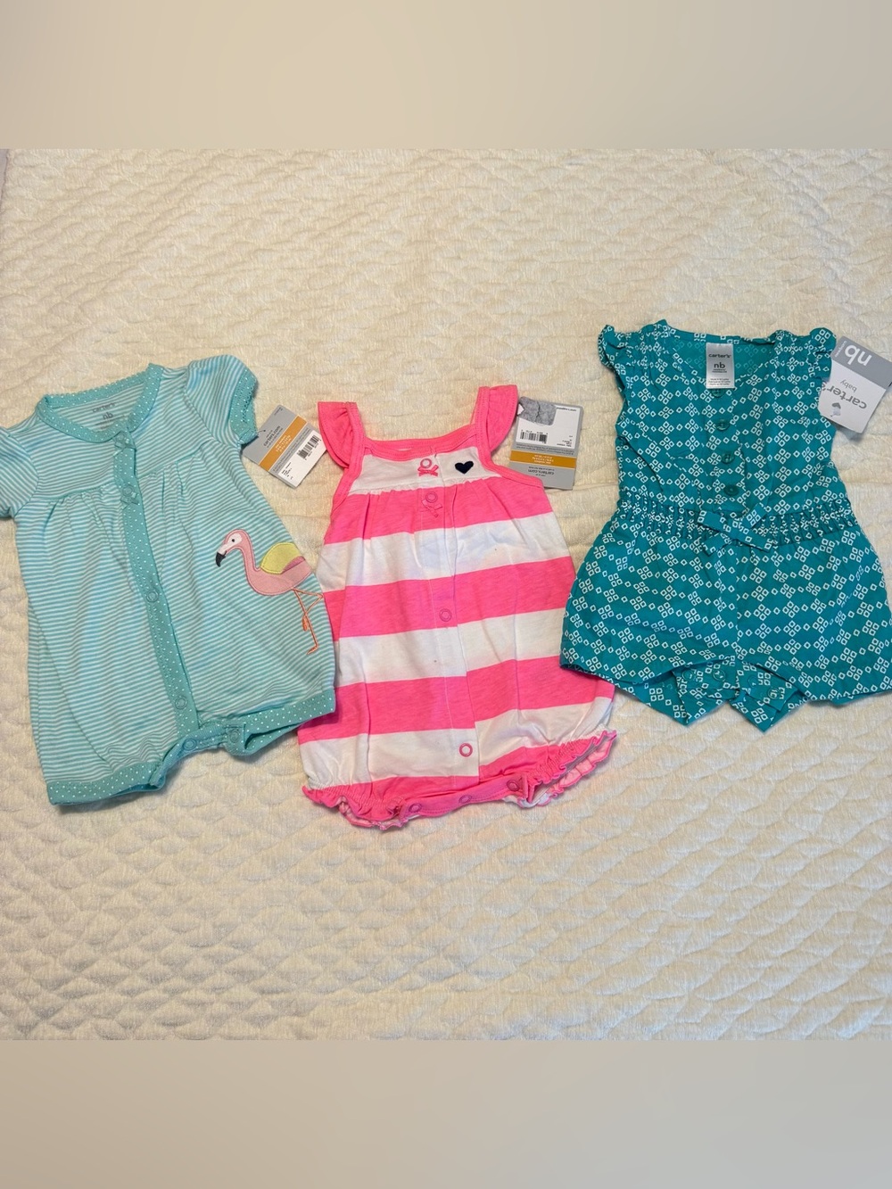 3 Newborn Outfits Rompers Carter’s Summer Cotton  Pink Blue Flamingo